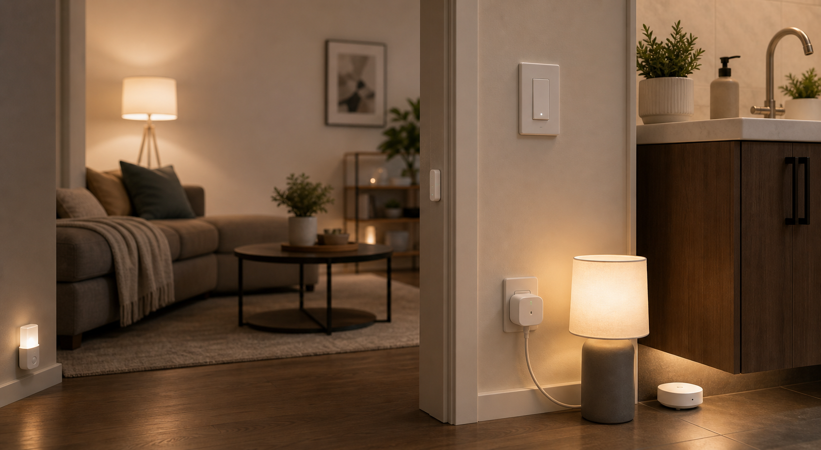 Small-room lighting comparison cover showing a bedside charging lamp and a cordless table lamp in separate use contexts